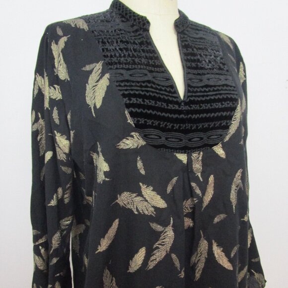 Golden Feather Top Blouse Black Rayon Georgette Bohemian - Picture 2 of 10